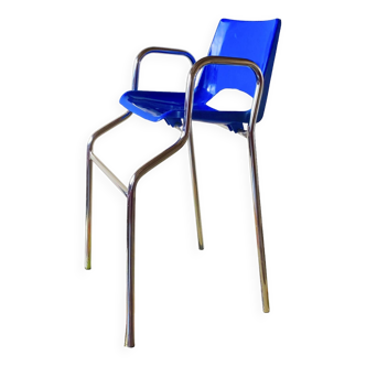Vintage high chair for children in chrome metal and blue plastic