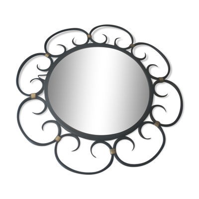 Miroir en fer forgé et bagues métal doré vers 1950 - 39cm