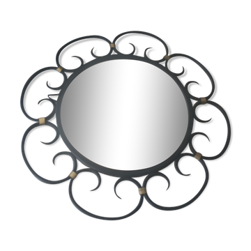 Miroir en fer forgé et bagues métal doré vers 1950 - 39cm
