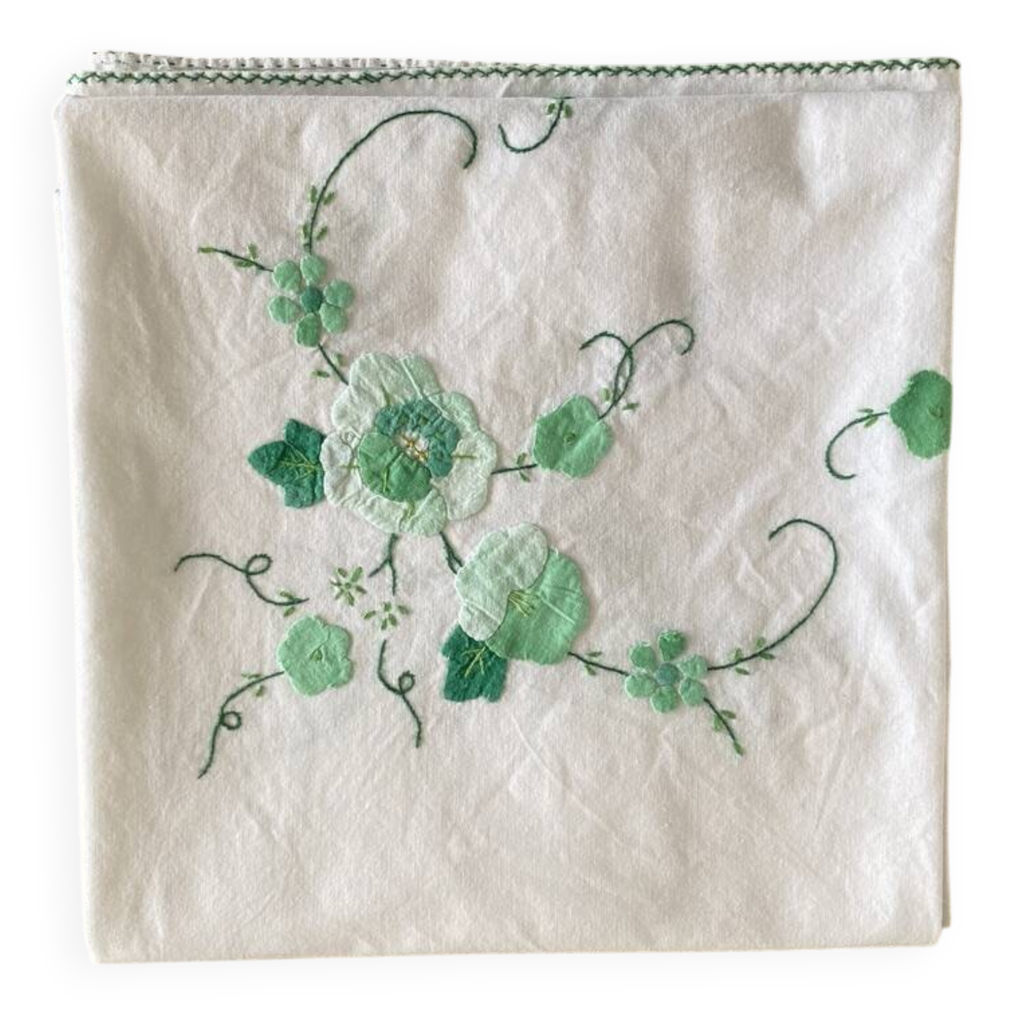 Antique square tablecloth with embroidered appliqué - 107x107 cm - Cotton