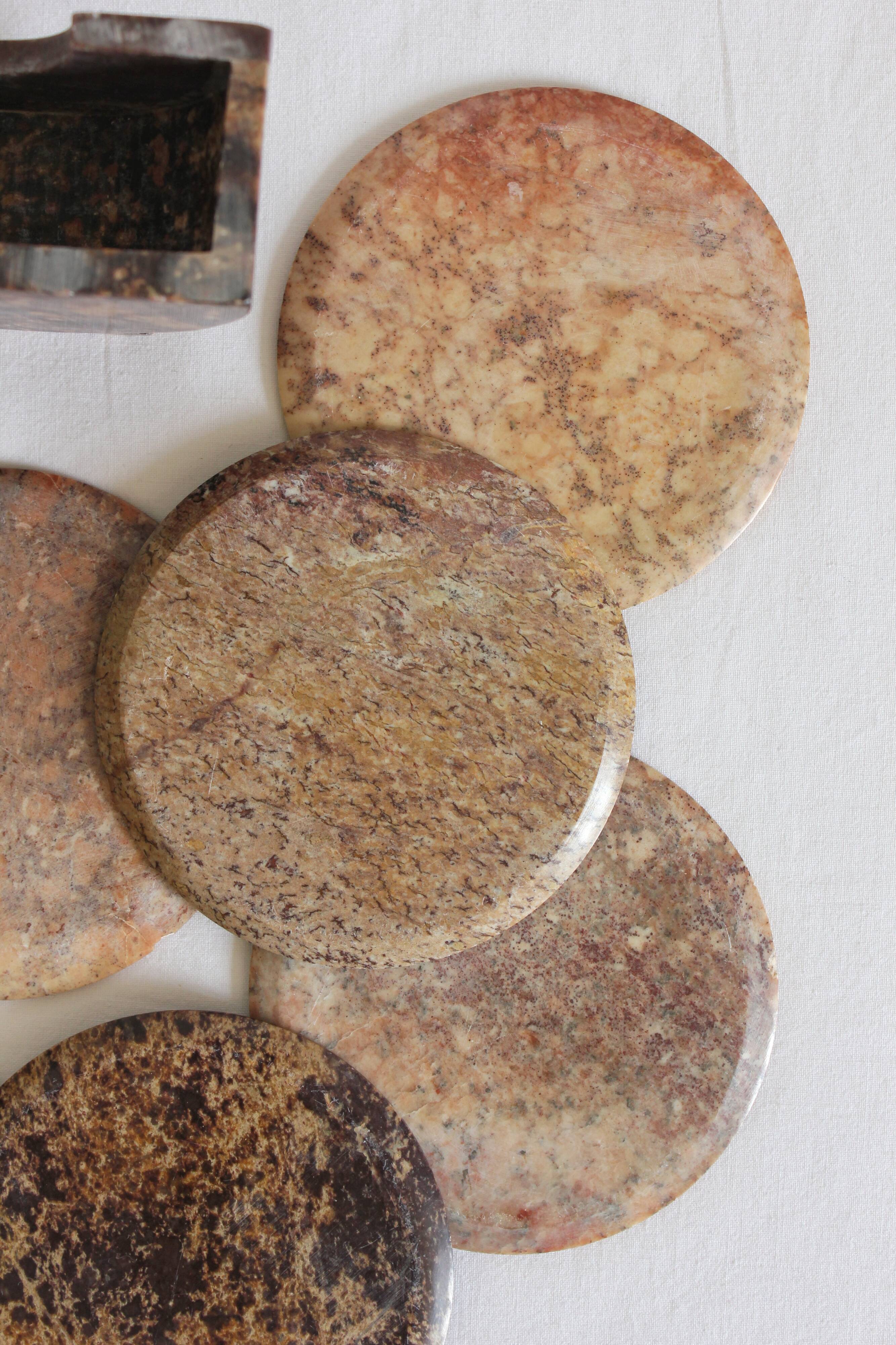Set of 6 vintage stone/marble coasters and case