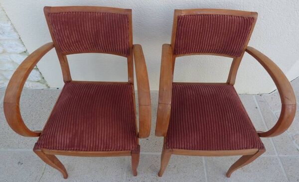 2 Fauteuils bridges chic année 50 totalement Relookées en bois massif avec assise velours rouille