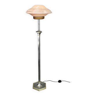 Lampadaire en nickel et verre restauré, années 1940