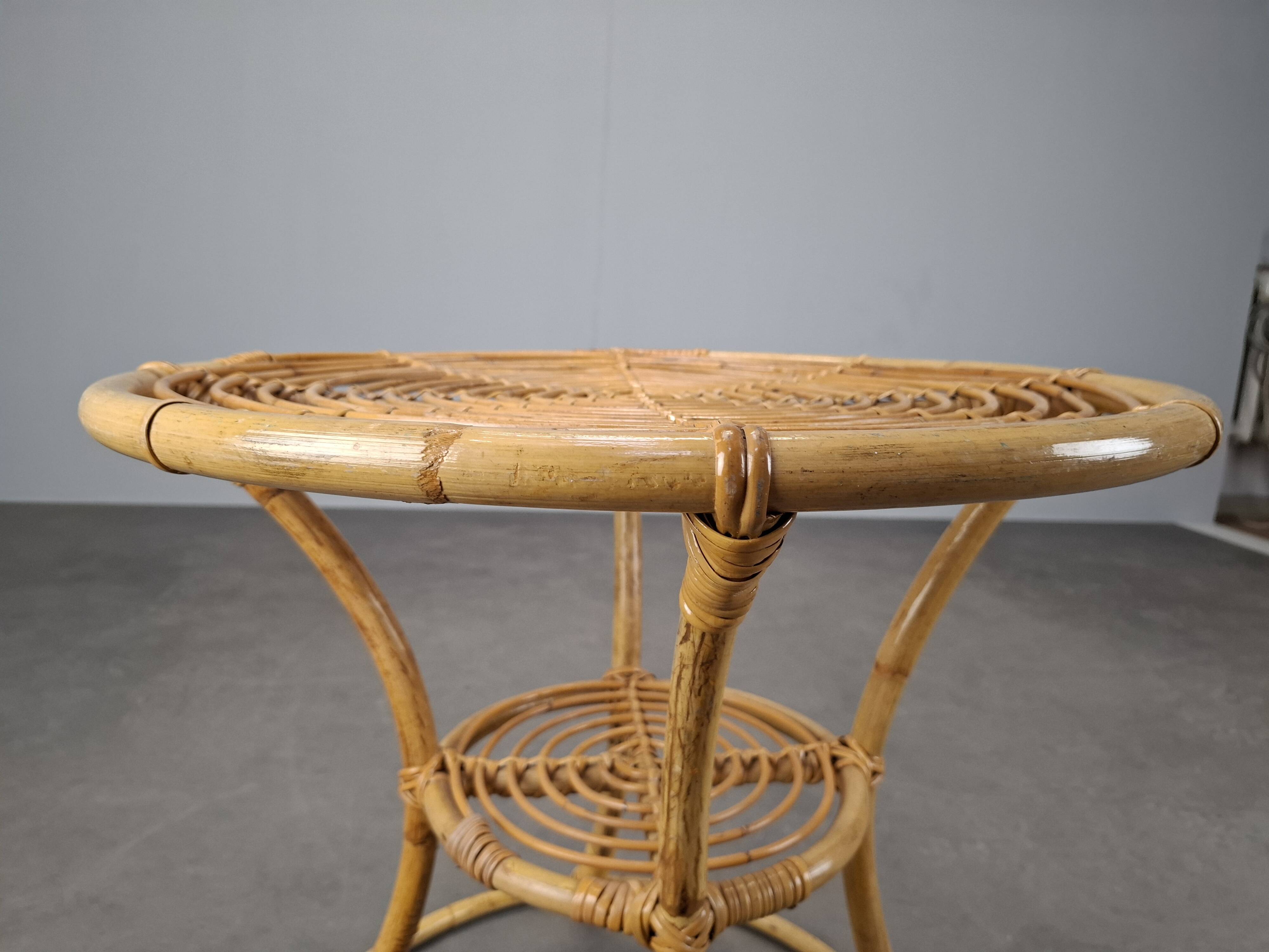 Czechoslovak Midcentury Rattan and Bamboo Side Table, 1960s