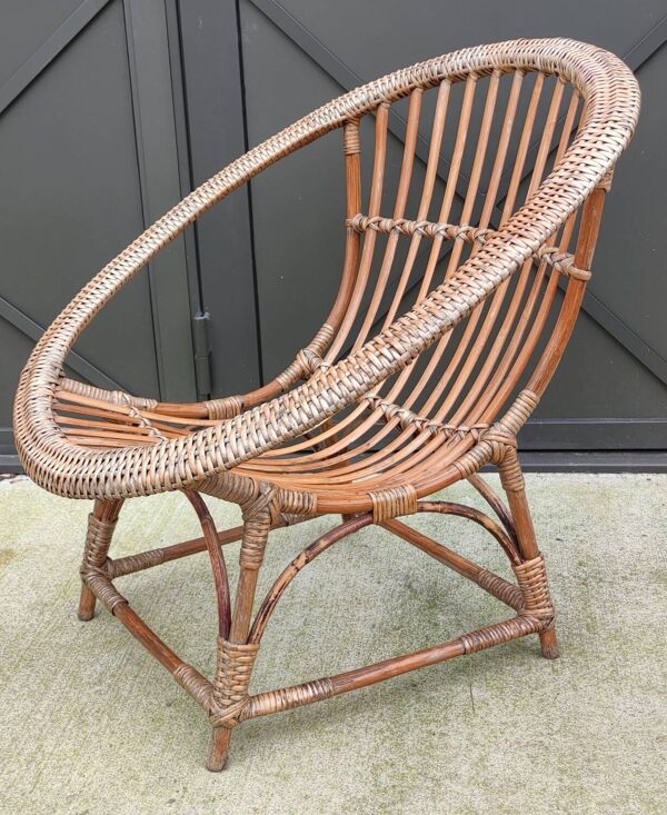 Fauteuil rotin coquille corbeille vintage