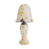 Lampe champignon en pâte de verre blanche tacheté orange à 2 feux, style Art Déco. Année 60
