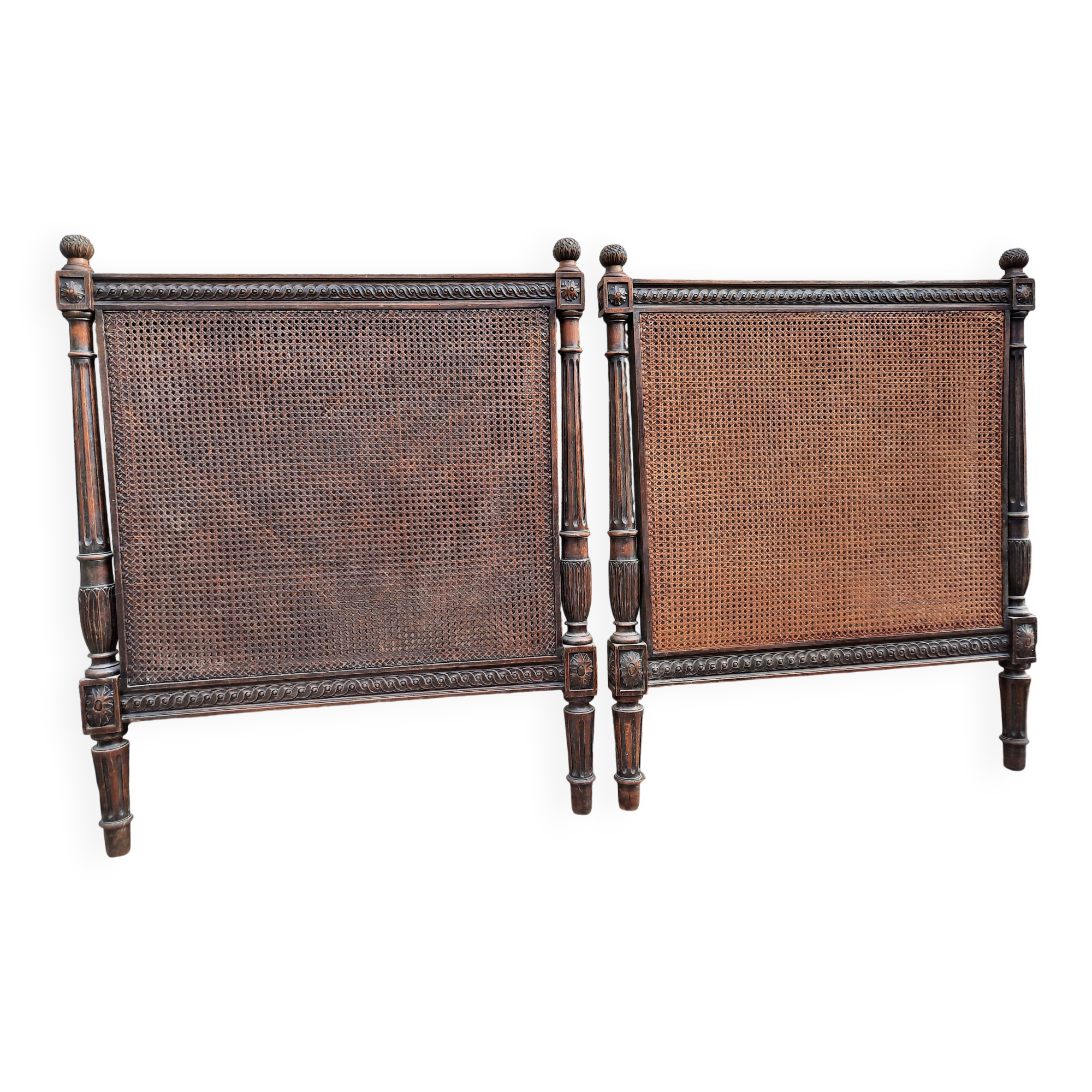 Hand-carved Louis XVI style headboards with chic vintage caning (1800s)