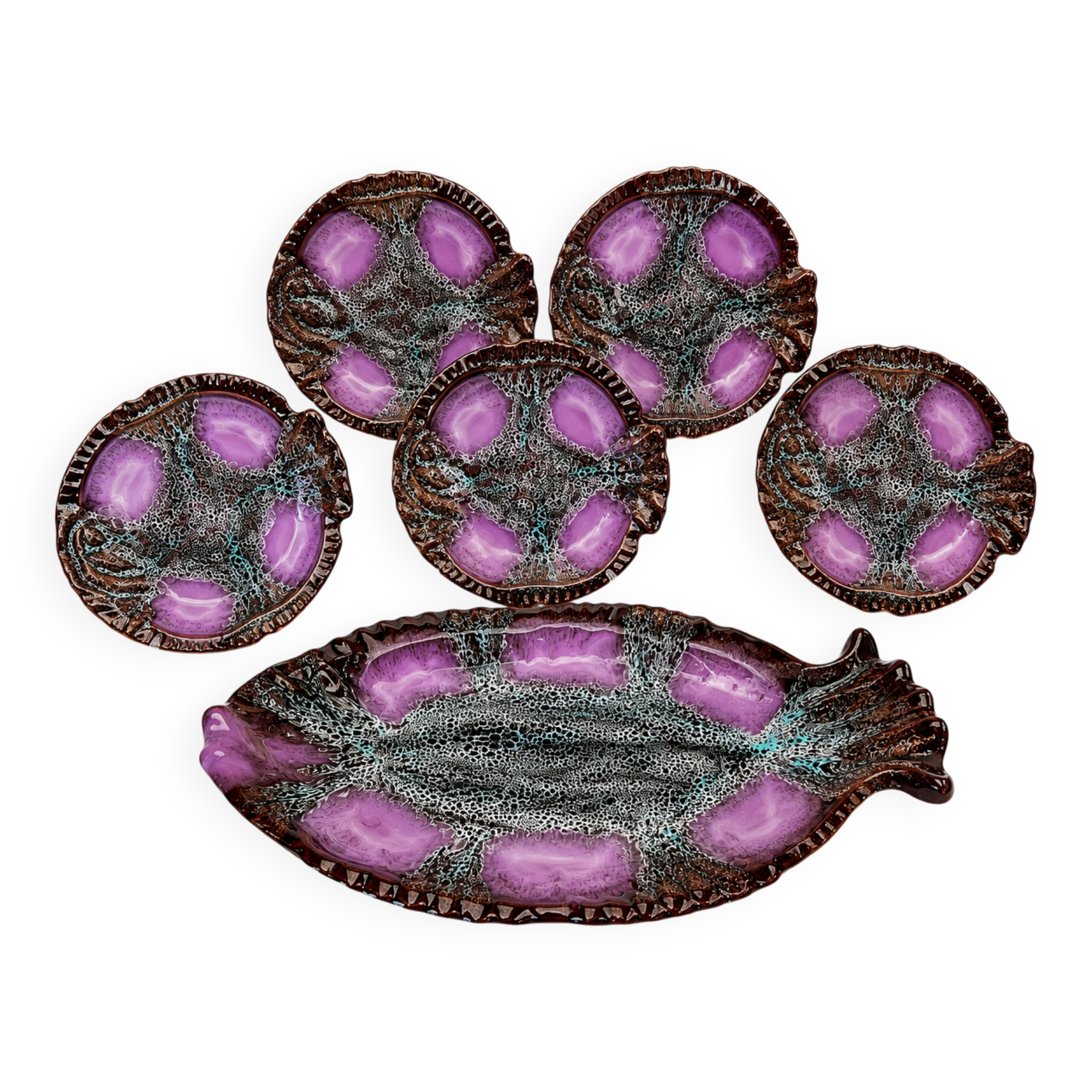 Vintage Fish Service Vallauris – 7-Piece Set in Enamelled Earthenware