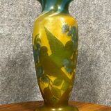 Vase in glass paste with trendy parakeets in a flowery universe signed Gallé