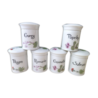 Series of 6 porcelain spice pots from Berry Lourioux