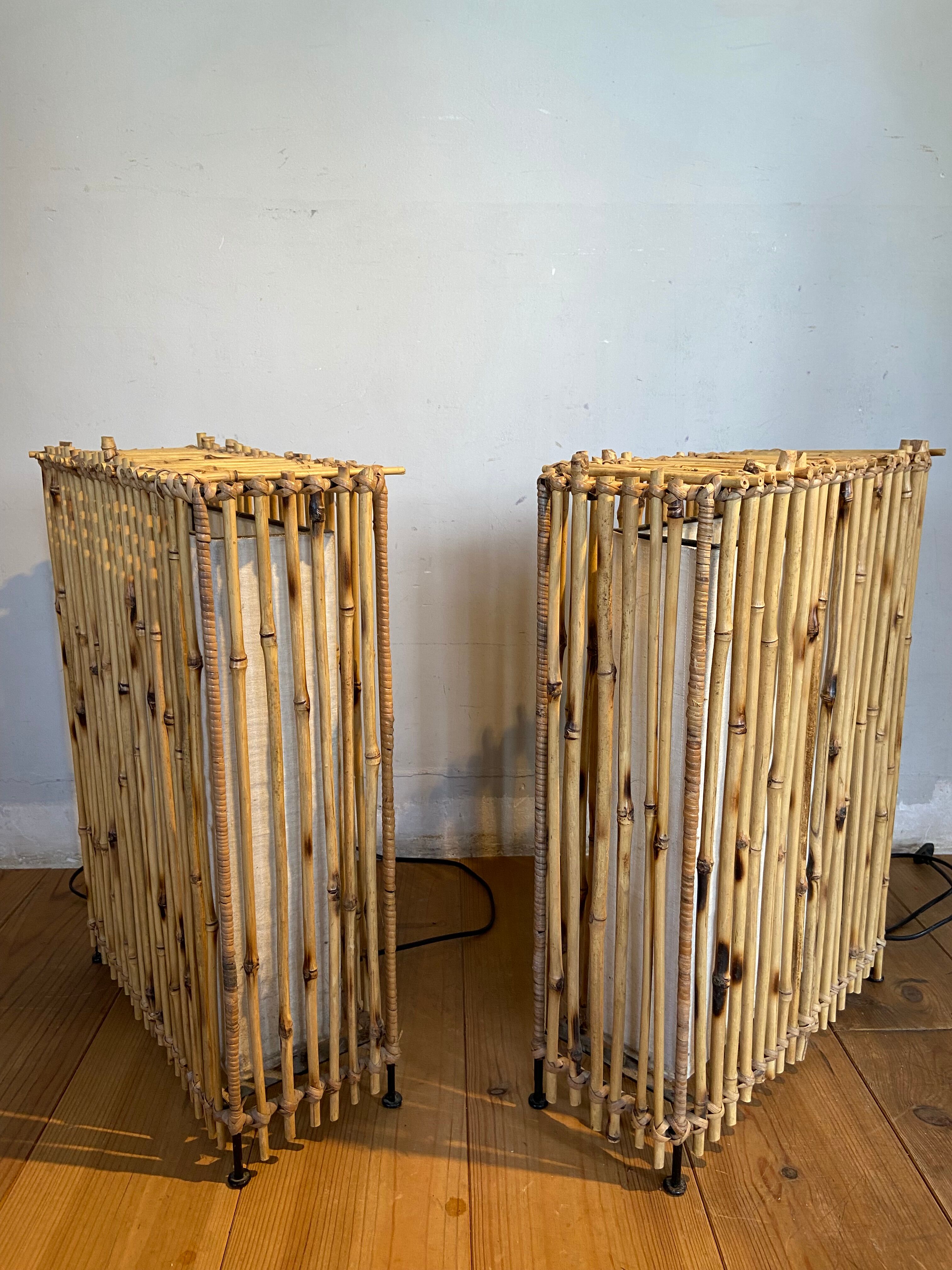Pair of bamboo and canvas lamps year 70-80