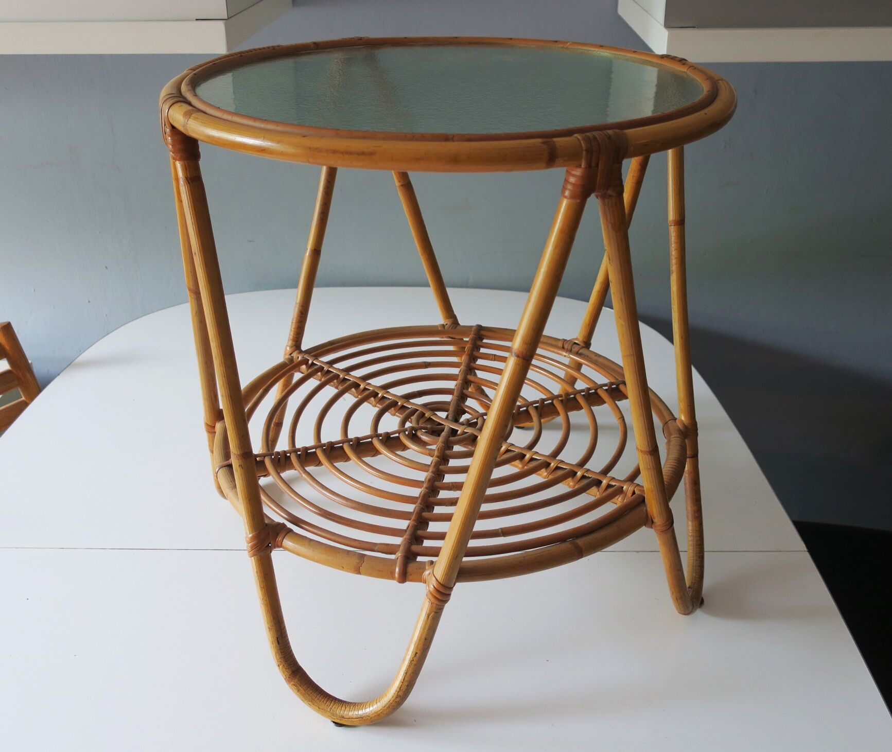 Vintage bamboo and frosted glass cocktail table