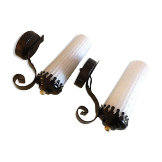 Pair of  wall light in white opaline and black metal / vintage 60s-70s