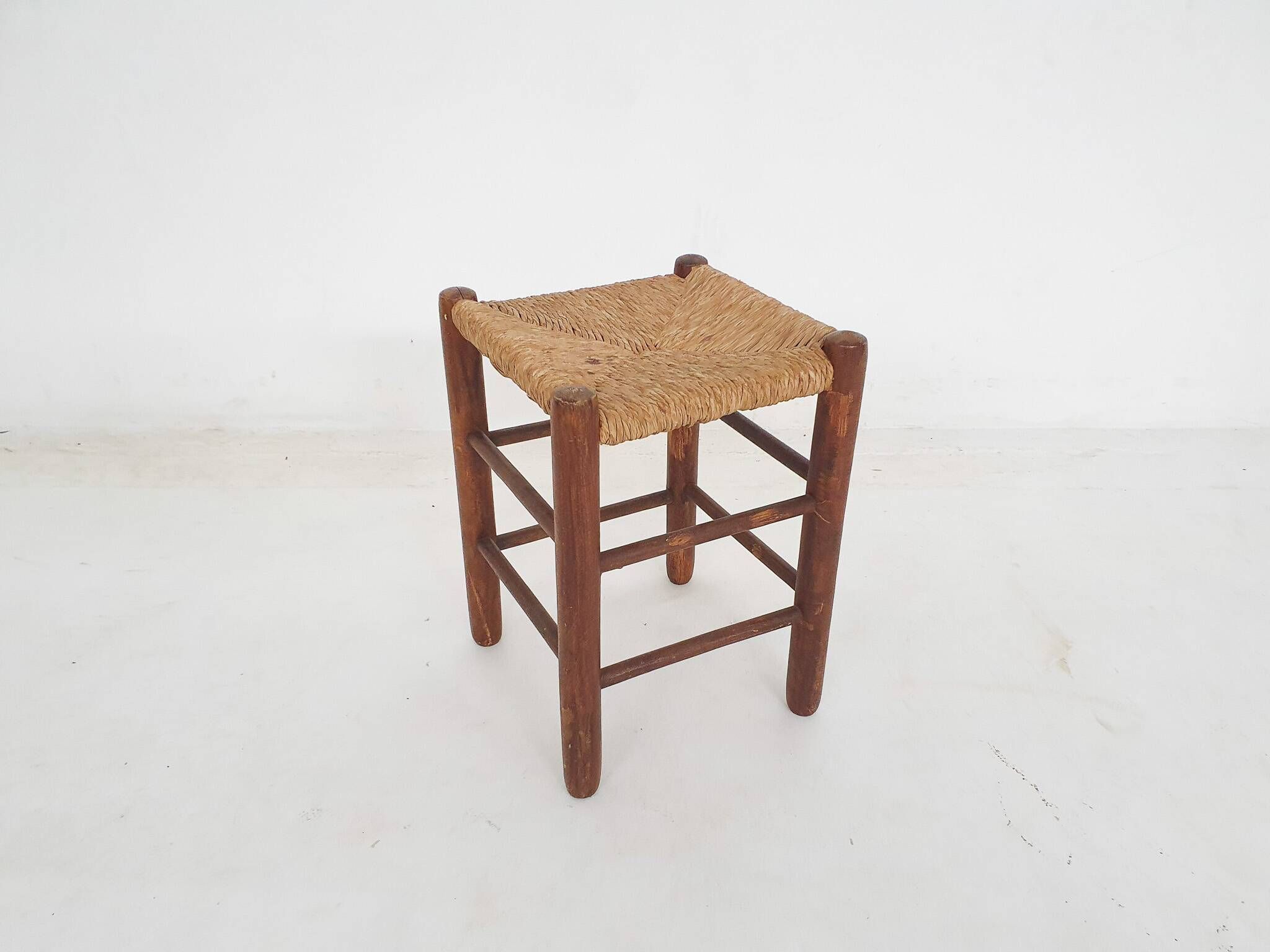 Mid-century wooden stool with rattan seating