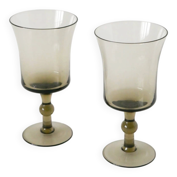 Duo de grands verres à vin, verre fumé, design, 1970