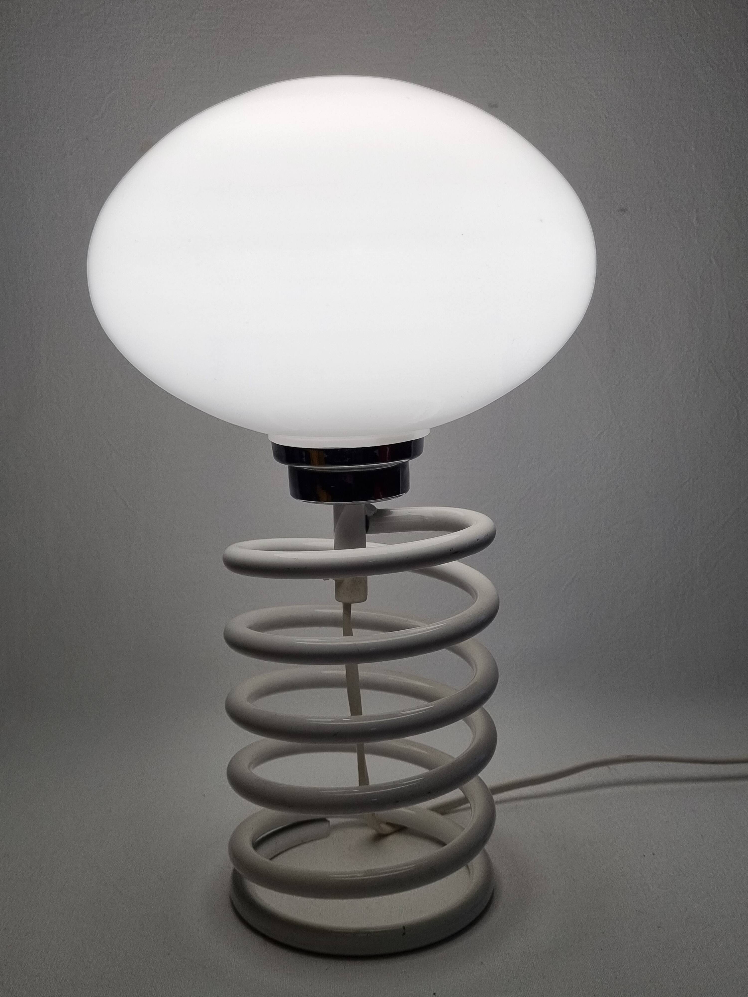 Vintage table lamp with spring base, opaline globe, Maurer style, 80s