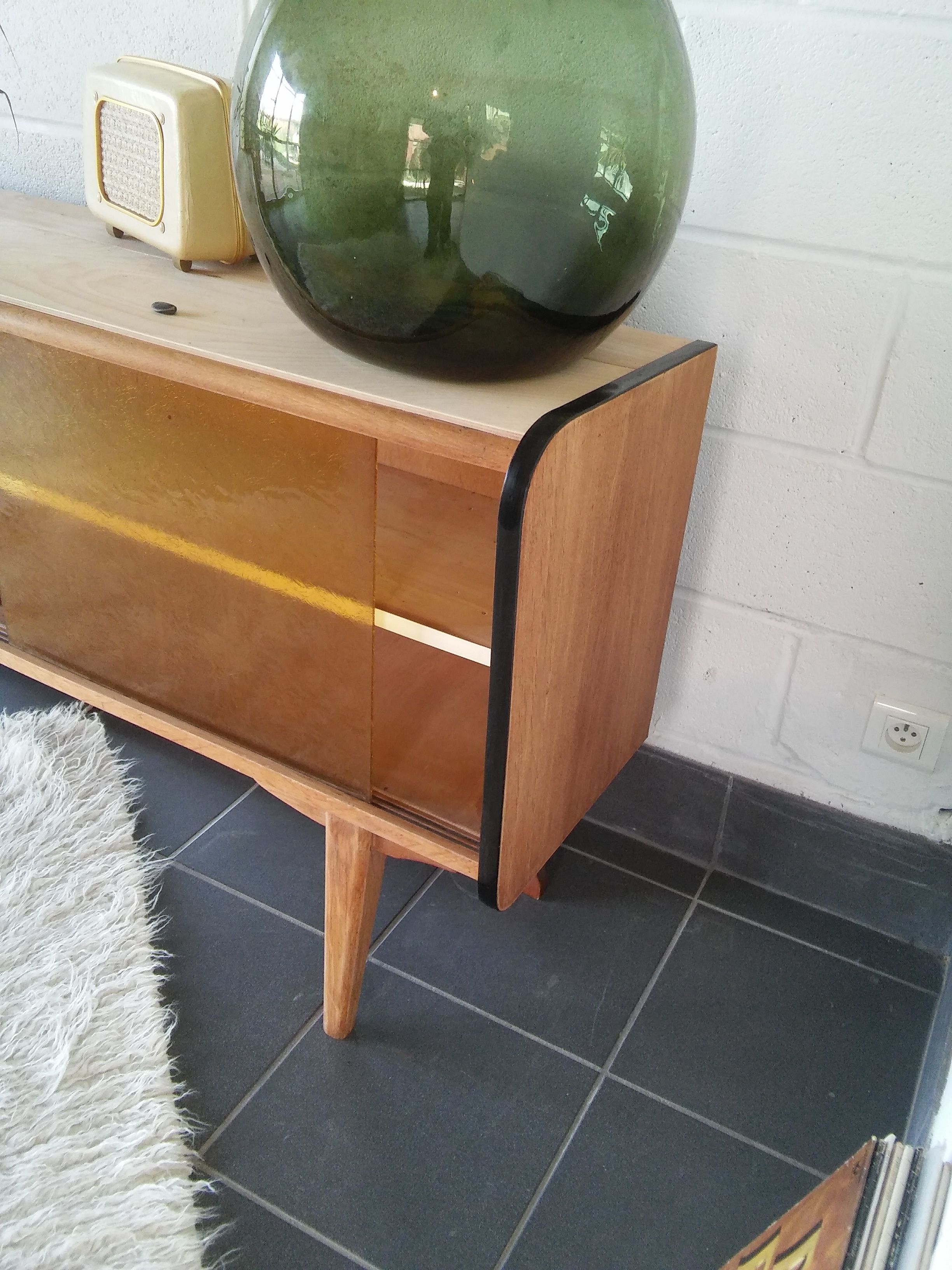 Sideboard vintage Scandinavian feet compass of oak and glass