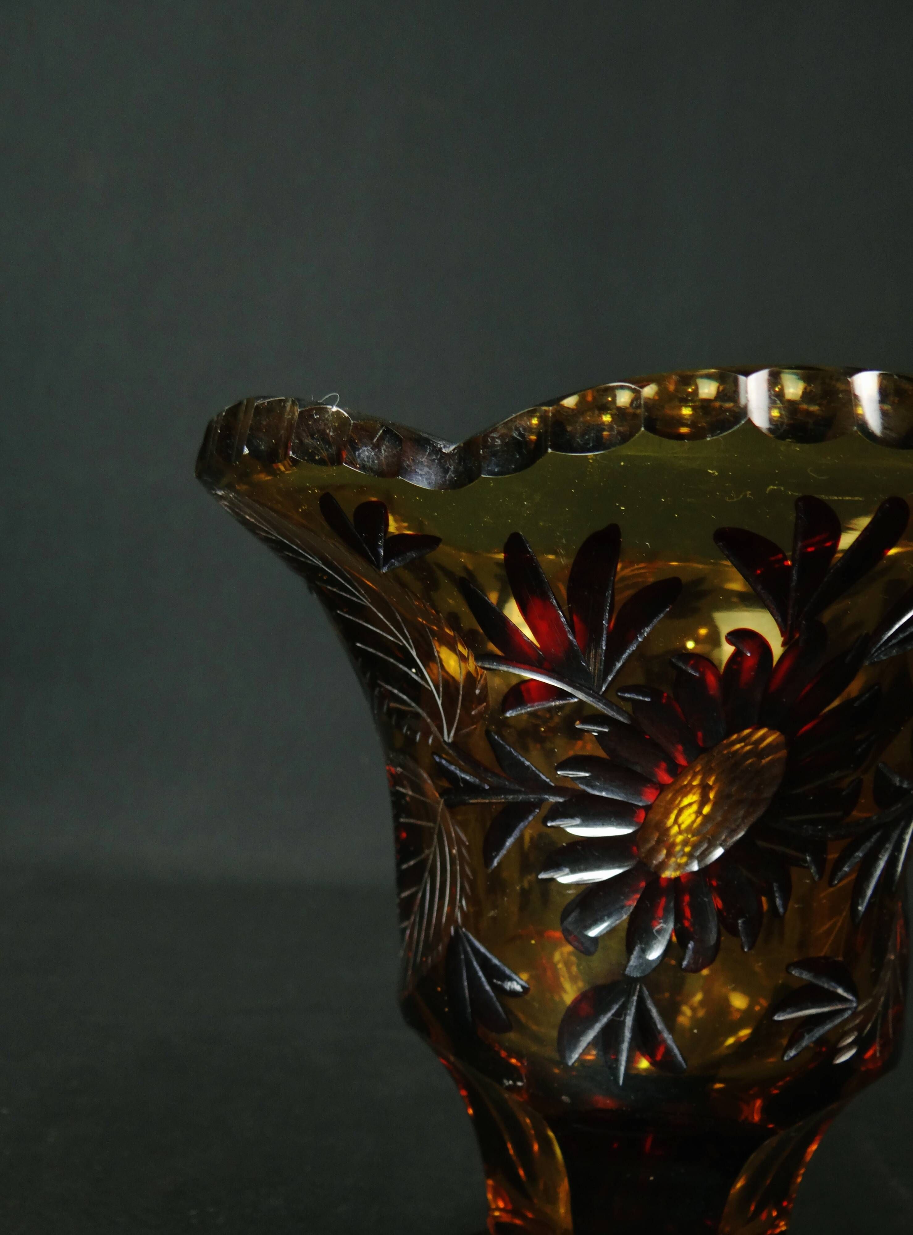 Bohemian cut crystal vase with Art Deco ruby red amber floral decoration