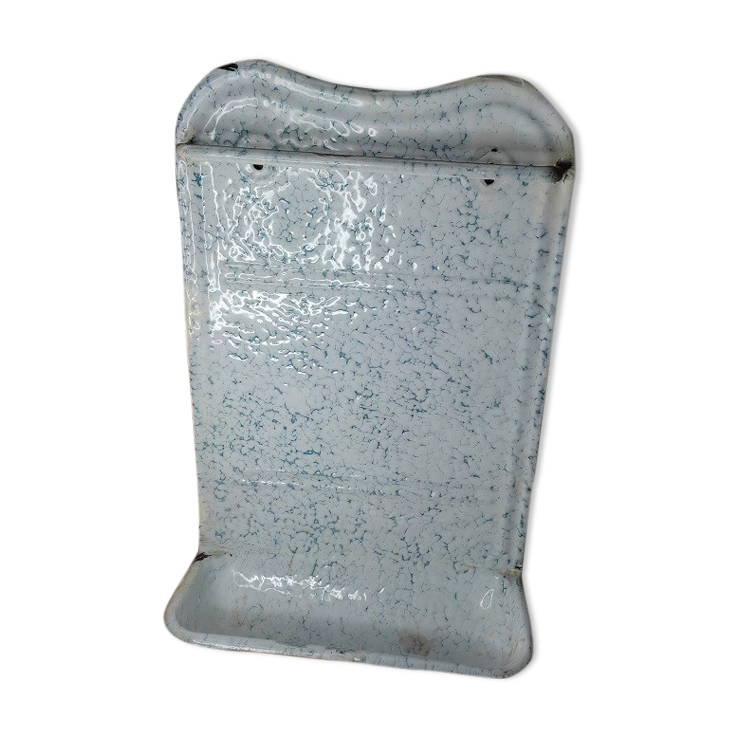 Utensil holder metal enamel white speckled old blue vintage dp1121b58