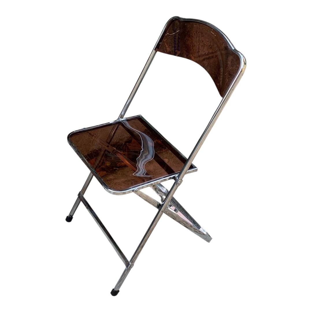 6 chaises pliantes en Plexiglas fumé et métal chrome Chaisor 1970