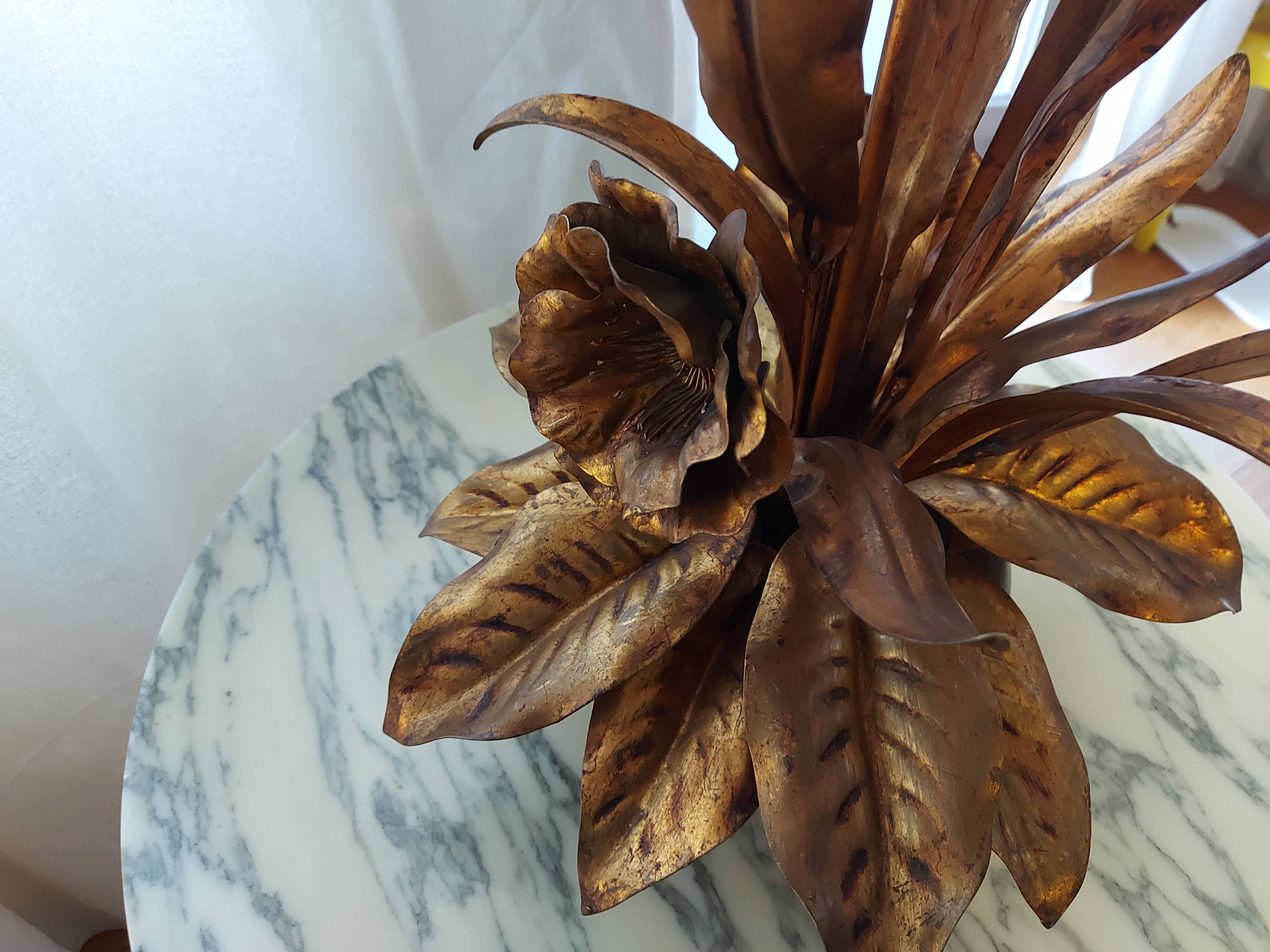 Large lamp, bouquet of vintage anemone flowers, gold metal, Hans Kogl