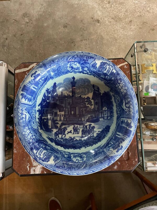 Pichet et bol en grès bleu et blanc Victoria Ware