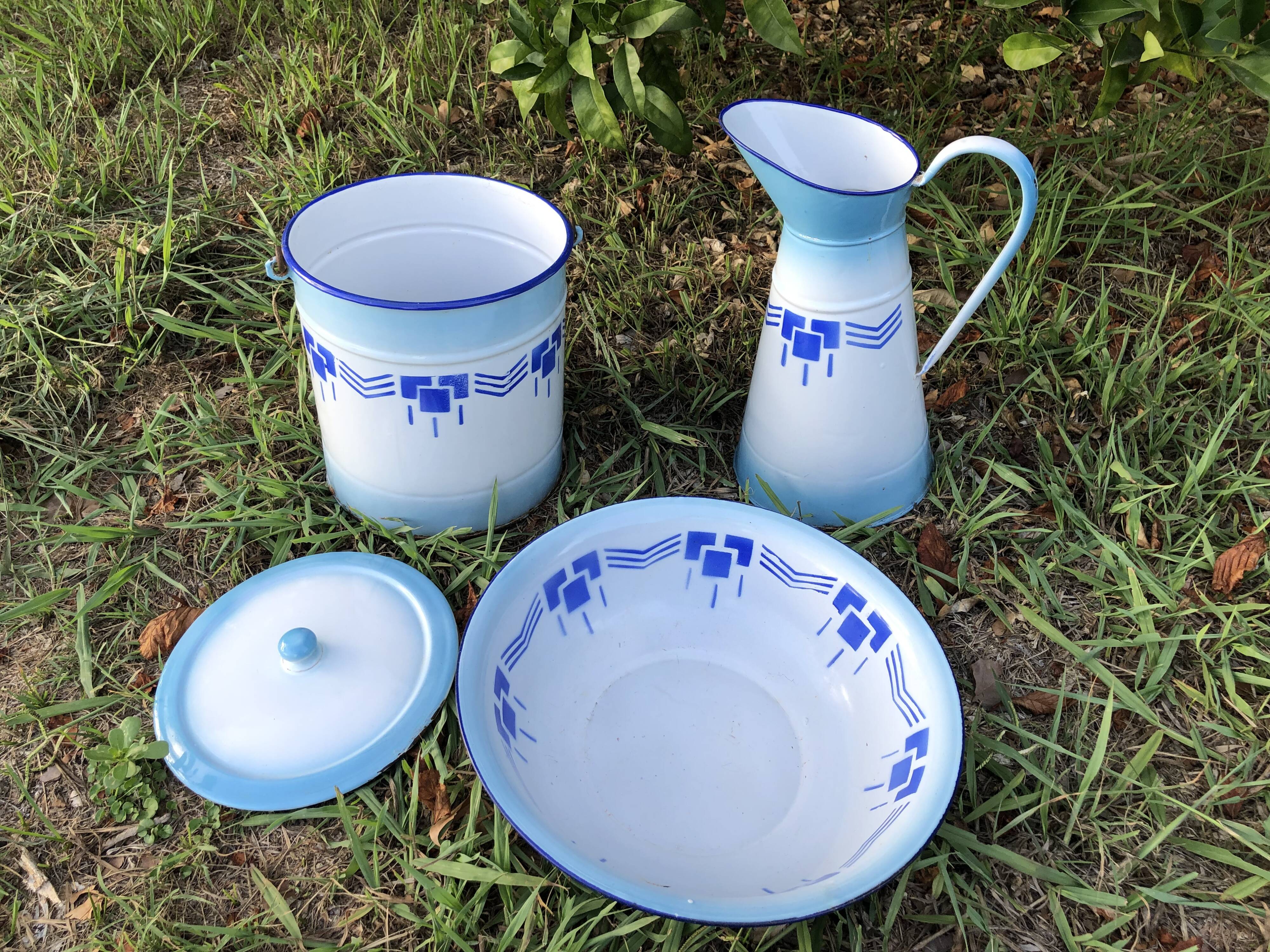 Enamelled jug, bowl and bucket