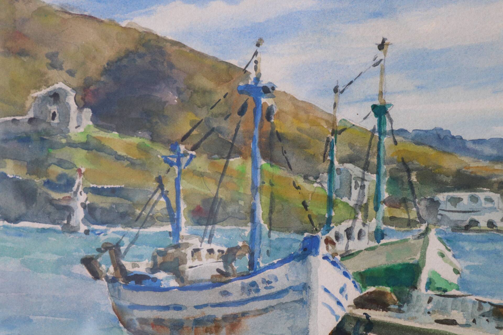 Watercolour painting "Trawlers at Anchor – Port-Vendres" signed Loui