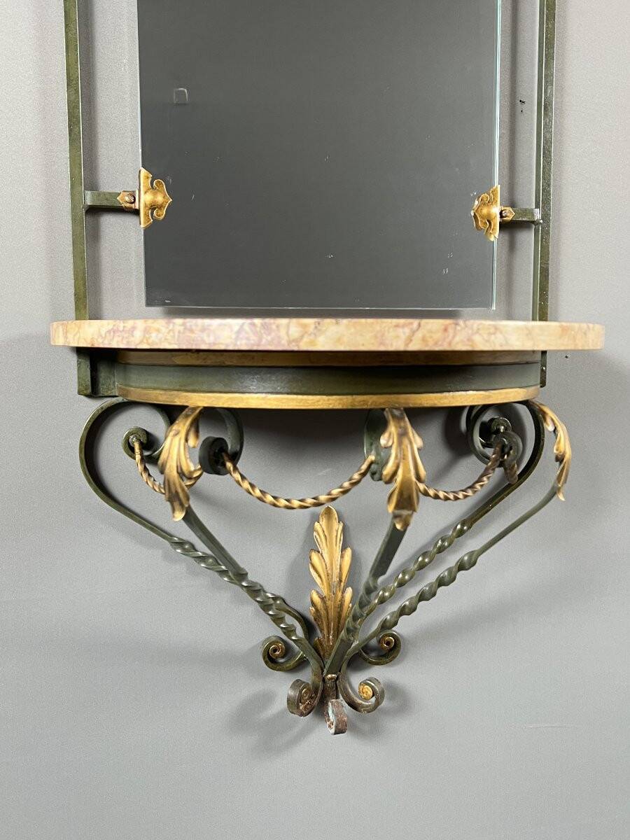 Wall console with mirror, wrought iron and marble, 20th century