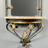 Wall console with mirror, wrought iron and marble, 20th century