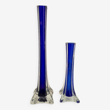 Ensemble de 2 Vases Carrés Solifleur Bleu Cobalt des Années 70