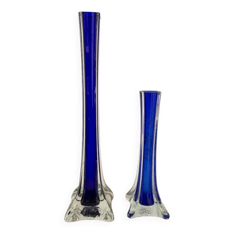 Ensemble de 2 Vases Carrés Solifleur Bleu Cobalt des Années 70