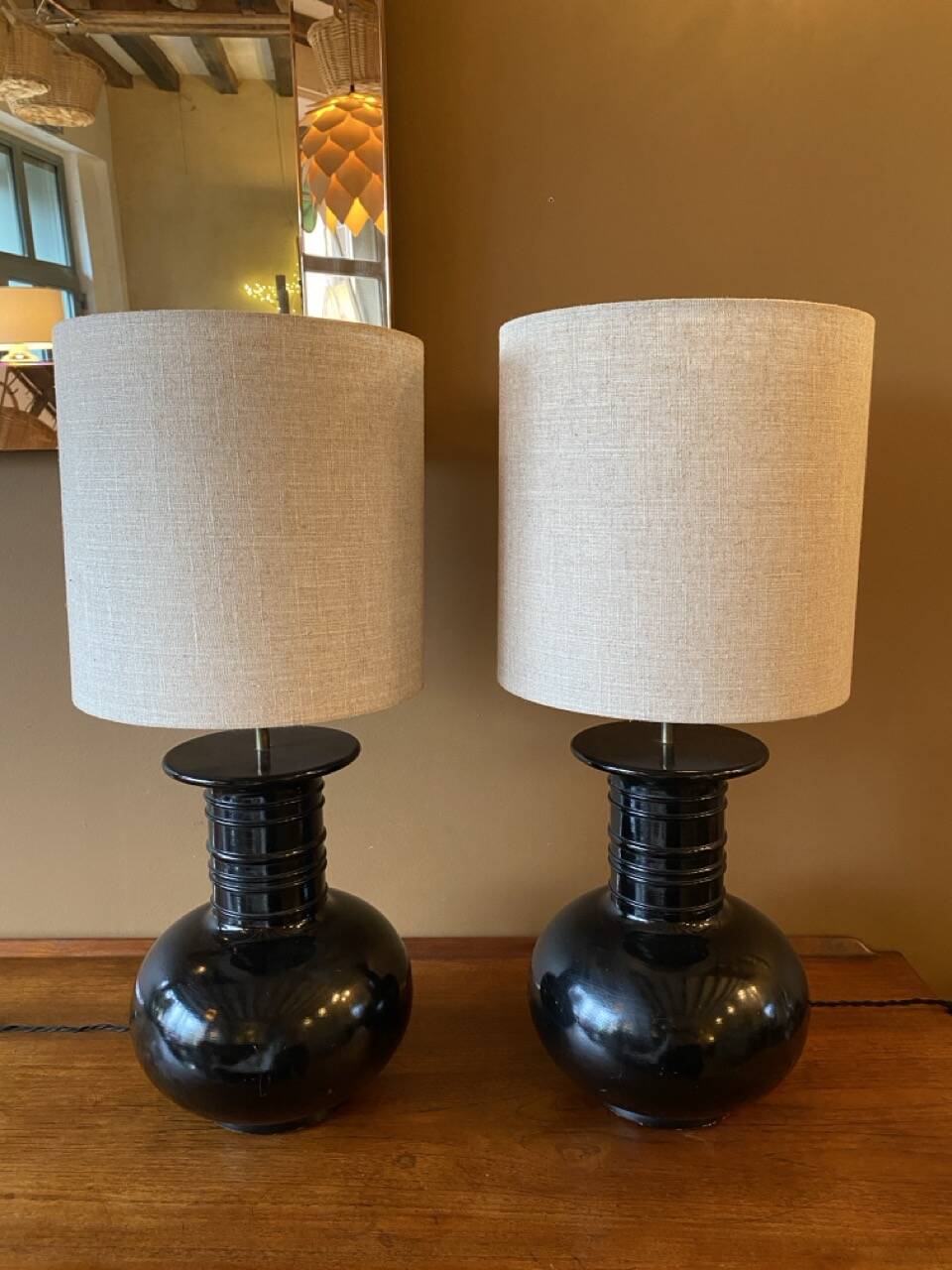 Pair of vintage modernist black lamps from the 1970s.