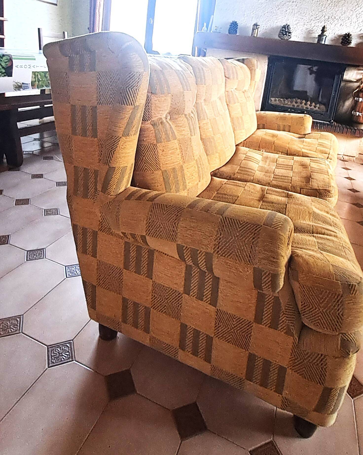 1940s club style 3-seater sofa in checked velvet fabric