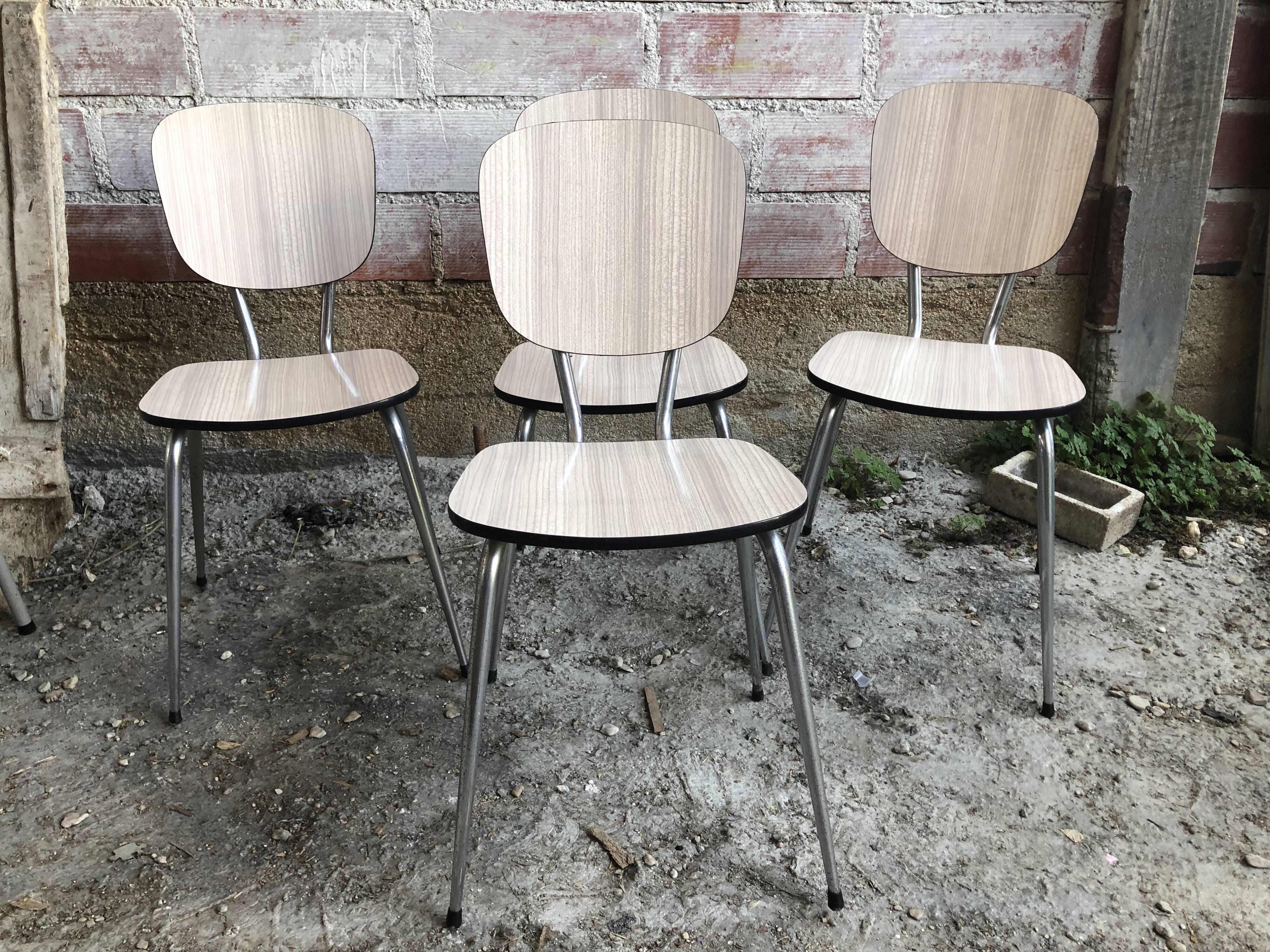 Series of 4 old formica chairs white grey + feet compass metal chrome 70's
