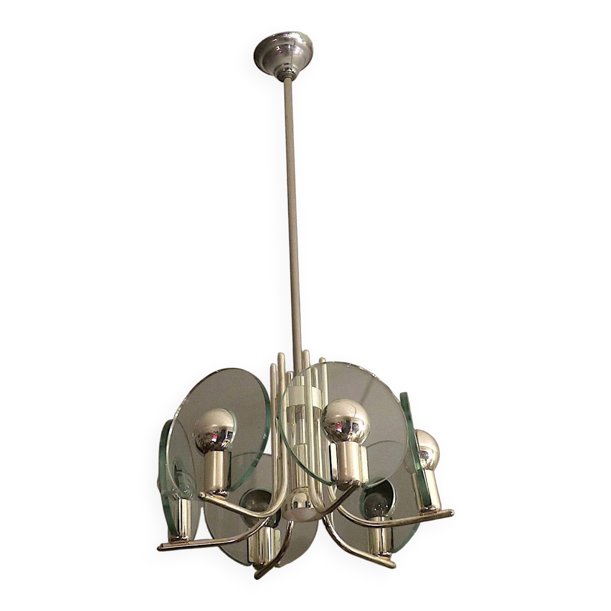Silver plated chandelier with six crystal glass discs, Italy 1960s