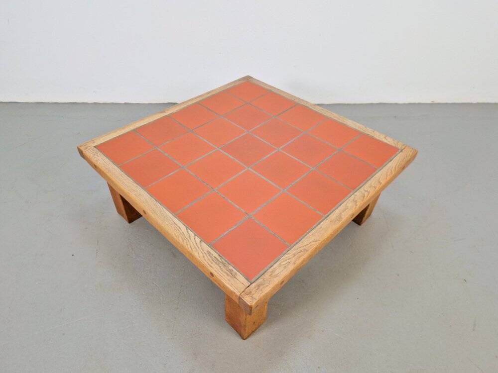Brutalist Oak Coffee Table with Terracotta Tiles, 1950s