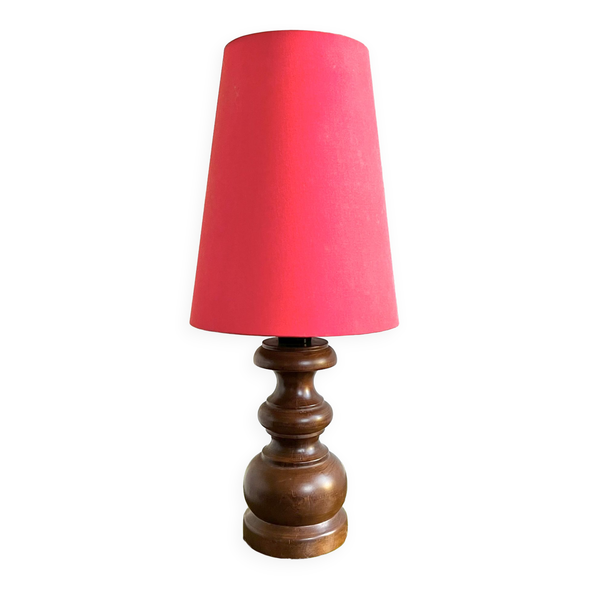 Turned wood lamp with vintage cone shade