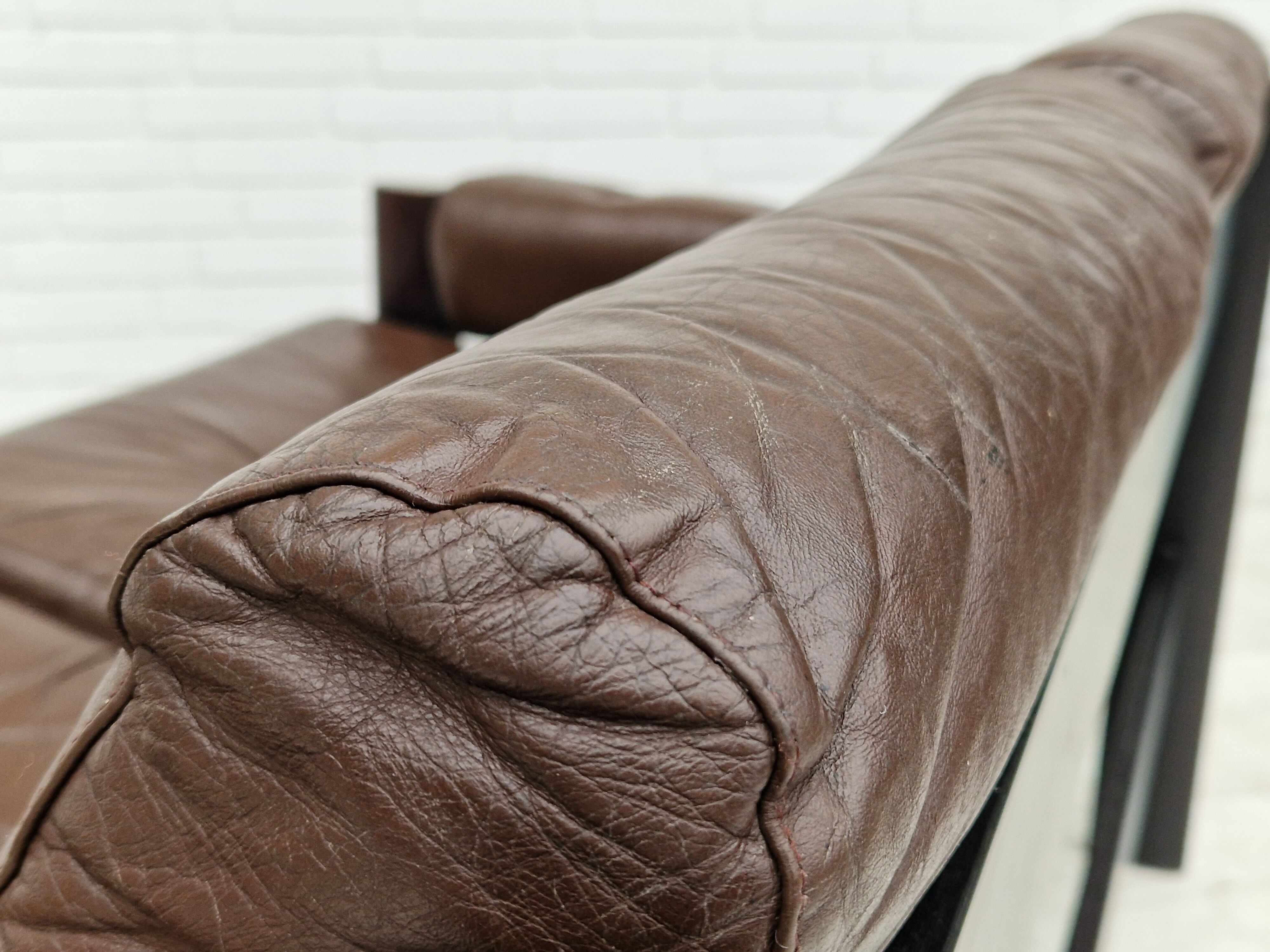 Scandinavian 2-seater sofa, original brown leather, 70s