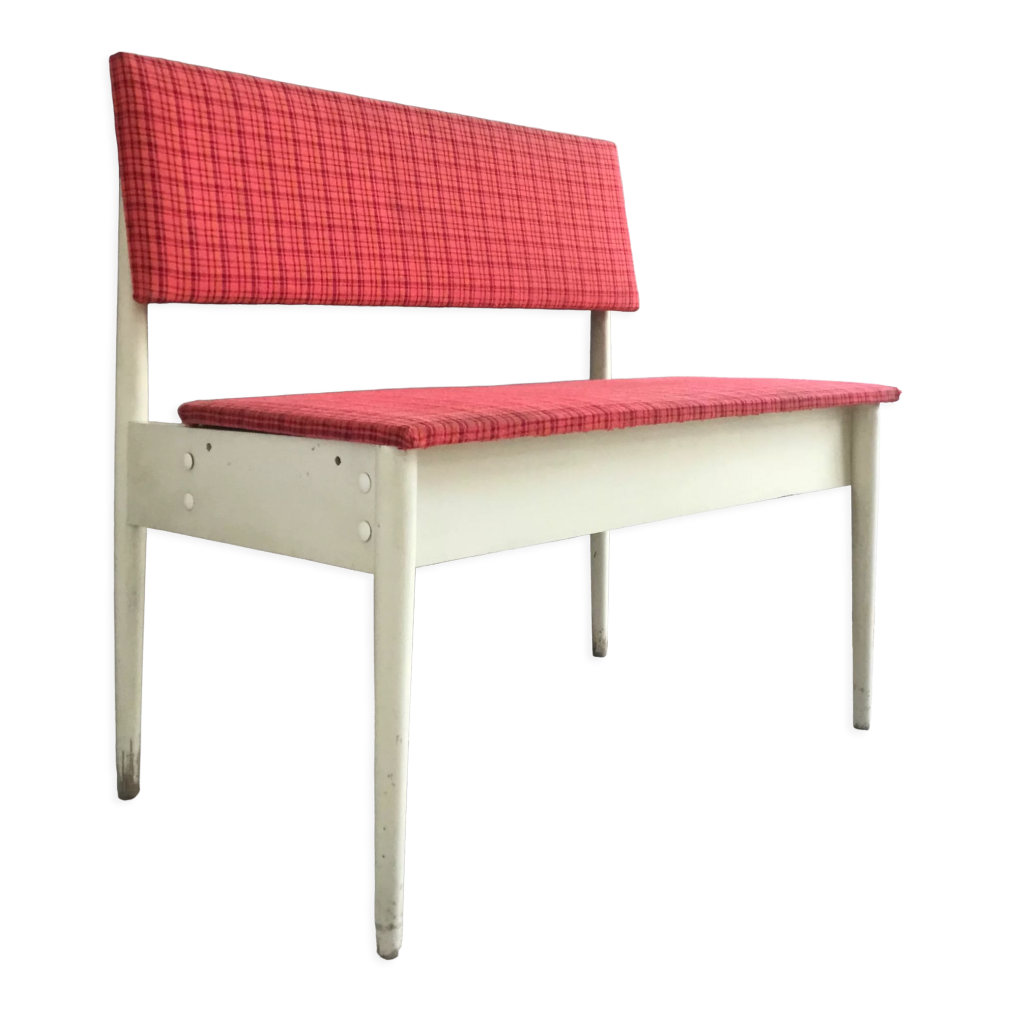 Coffre banquette vintage bois laqué blanc et tissus - 1970