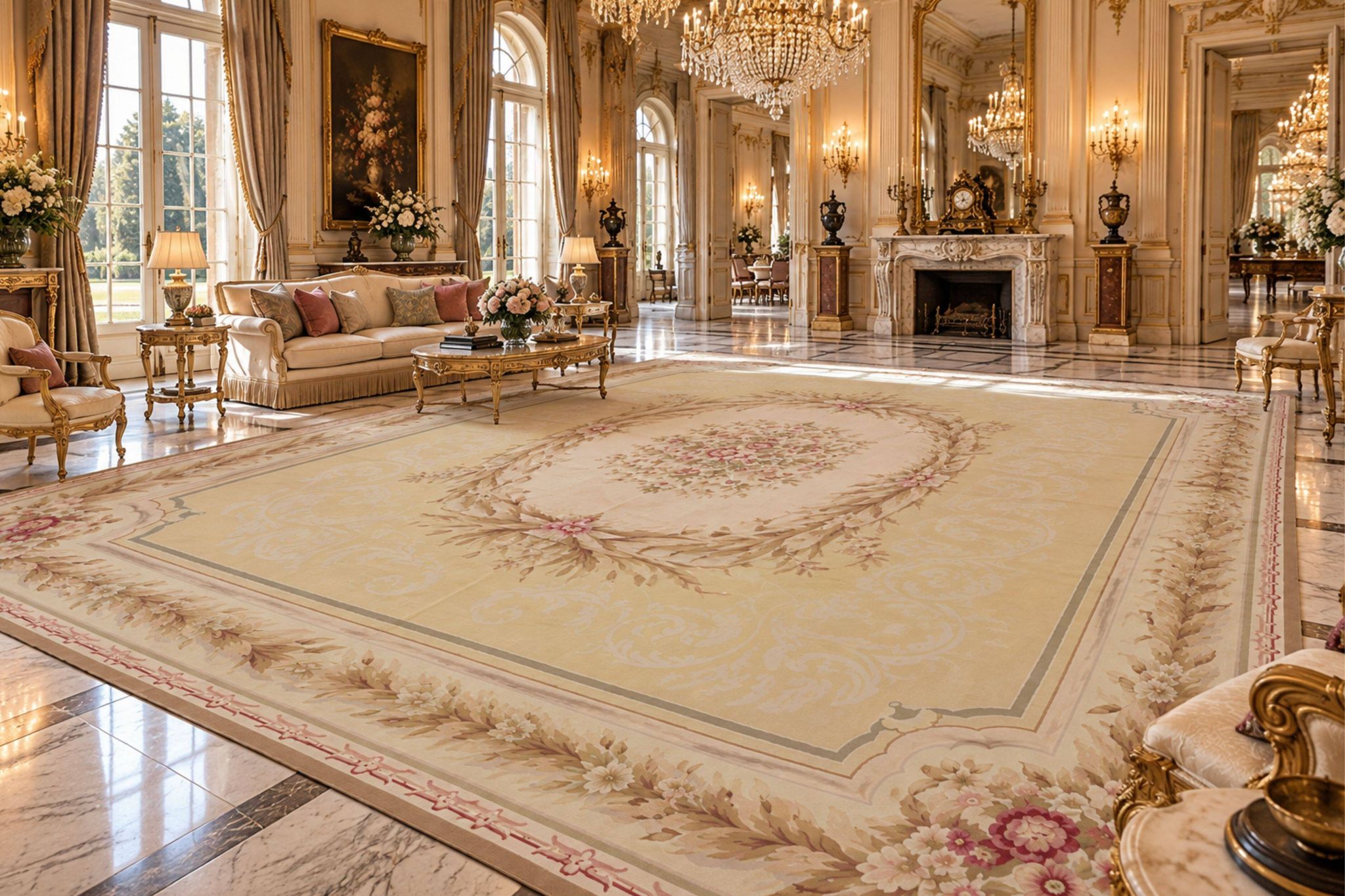 Tapis floral en aiguille Aubusson surdimensionné, très grand, 414 x 604 cm.
