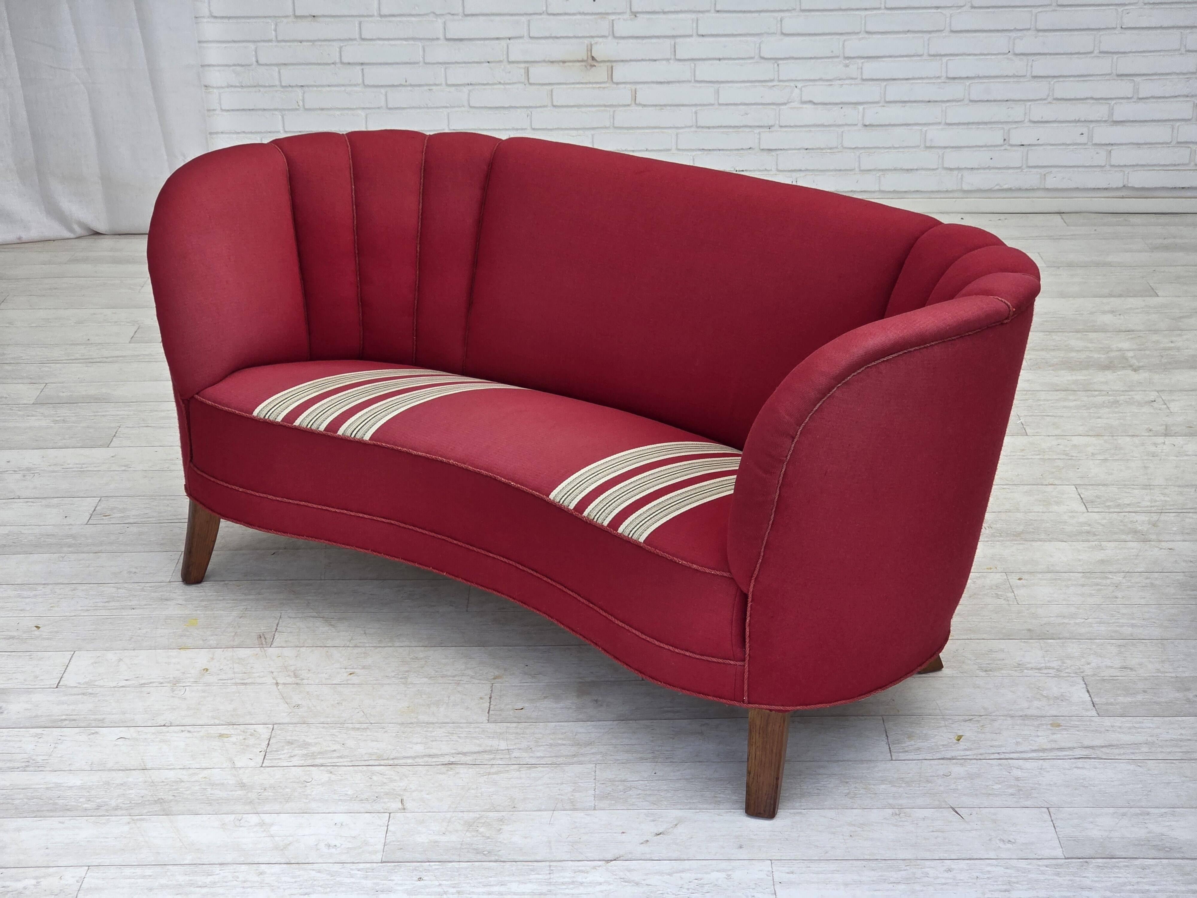 1960s, Danish 2-seater "Banana" sofa, furniture wool, oak wood legs.