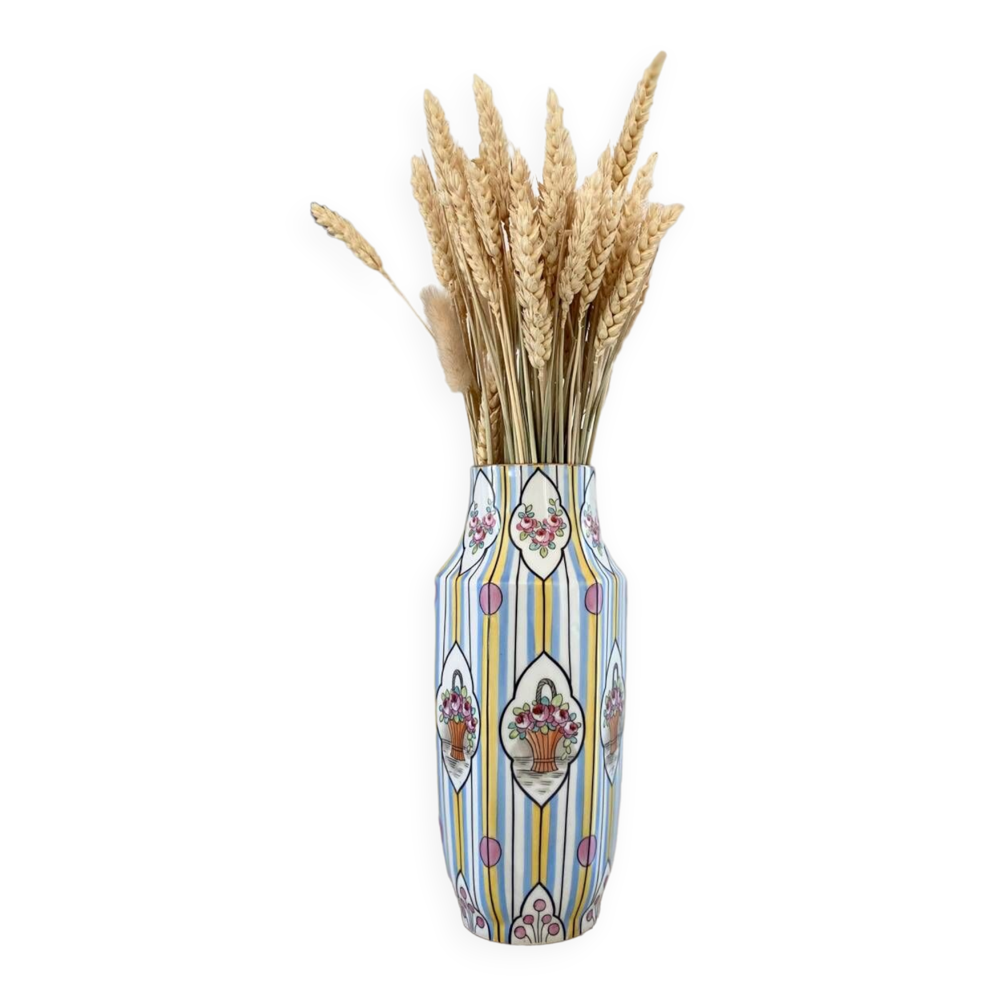 Striped ceramic vase with flowers