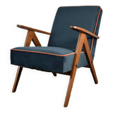 Chaise compas restaurée, tissu jaune canari, fil orange, teck, 1960