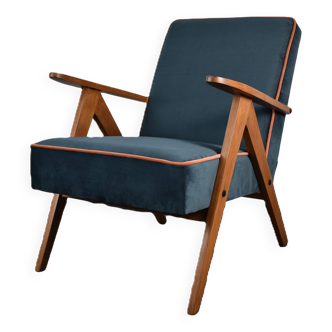 Chaise compas restaurée, tissu jaune canari, fil orange, teck, 1960