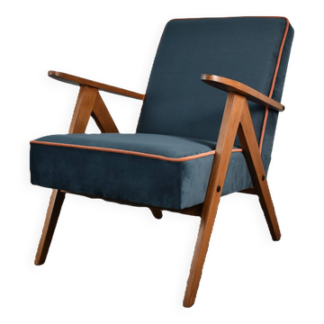 Chaise compas restaurée, tissu jaune canari, fil orange, teck, 1960