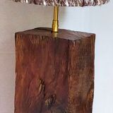 Brutalist lamp Art-populaire in solid wood, wool lampshade