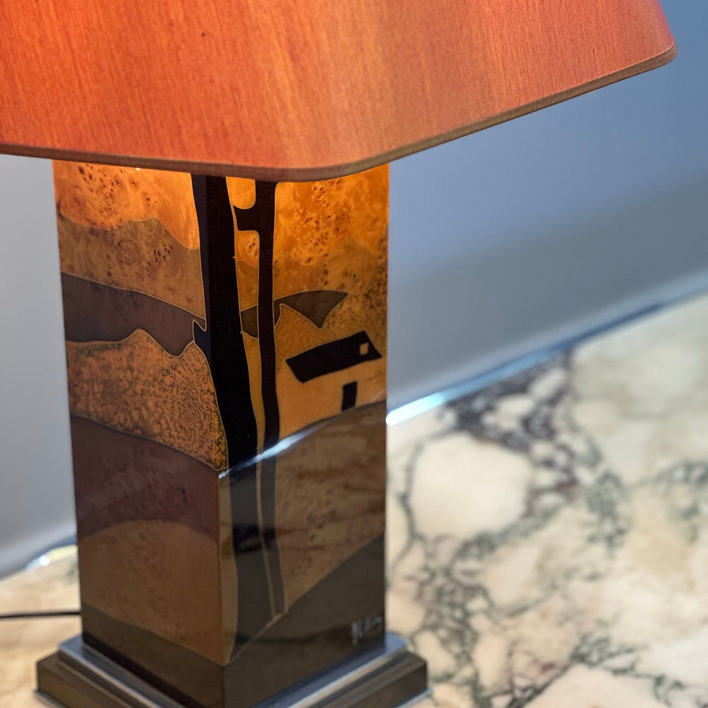Rare 1970s Jean-Claude Mahey table lamp in burl wood with abstract inlay