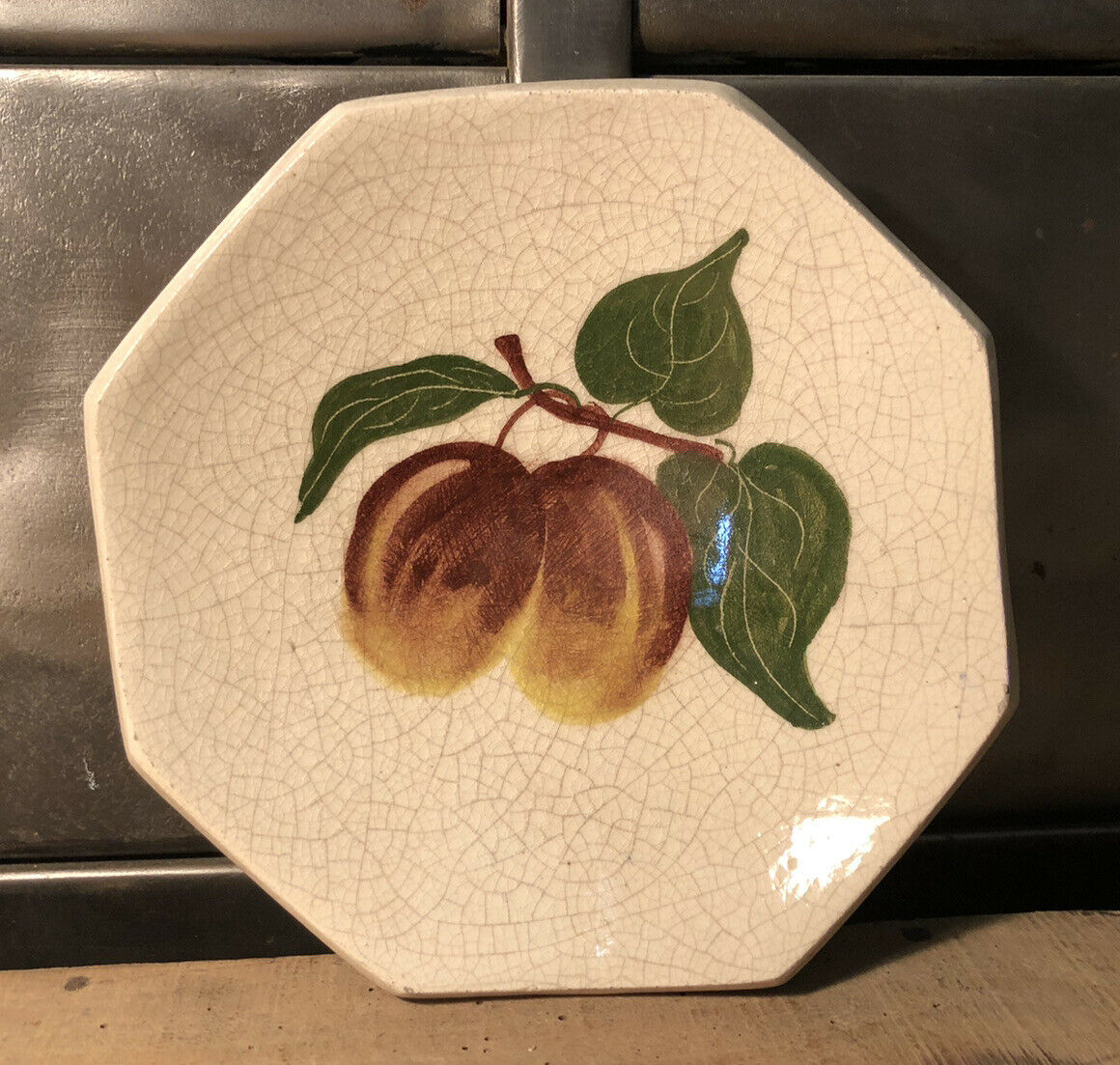 Empty cup pocket in cracked earthenware decoration plums signed Lauray