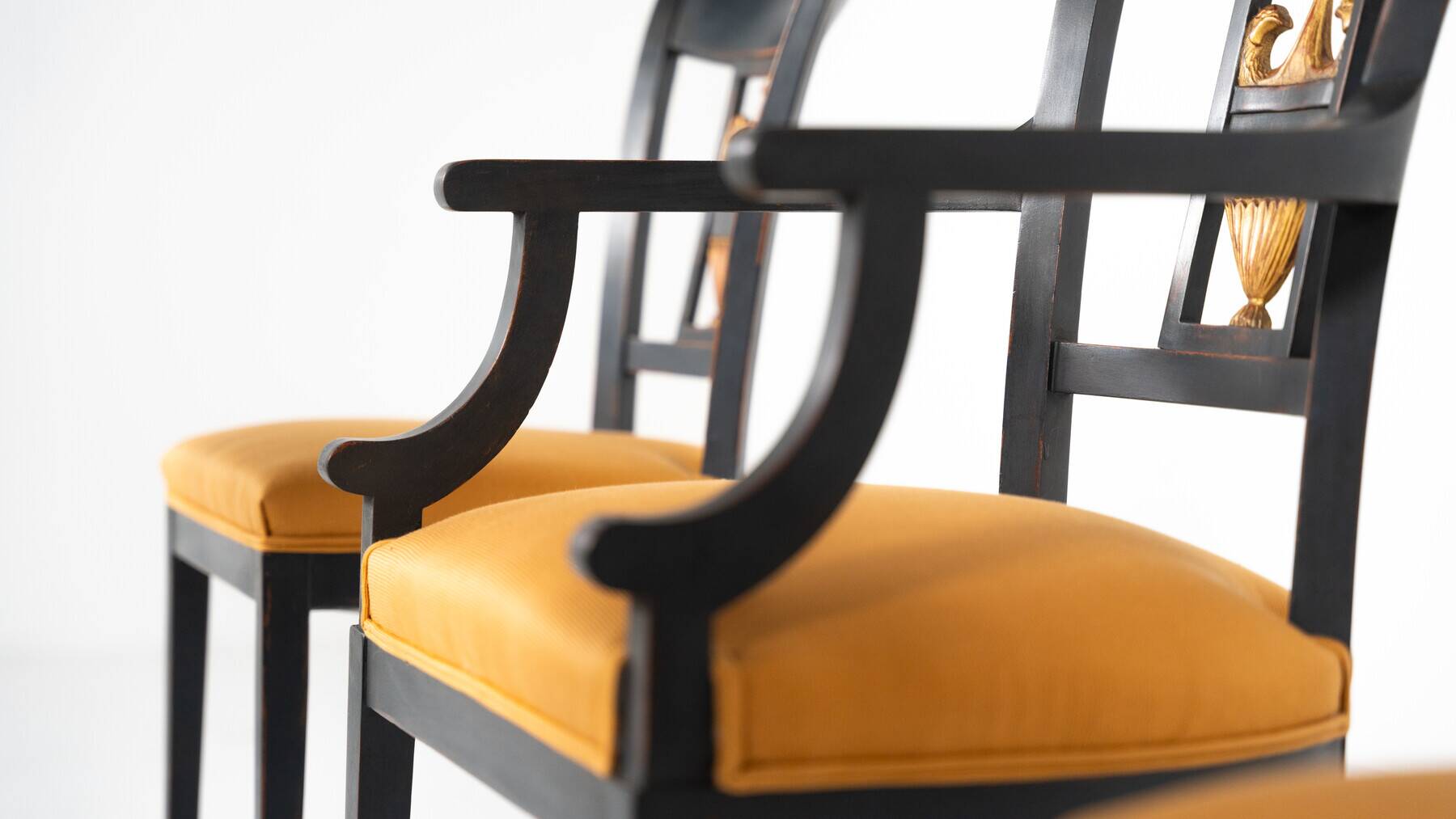 Set of 2 Black and Gold Armchairs and 4 Chairs, Empire style